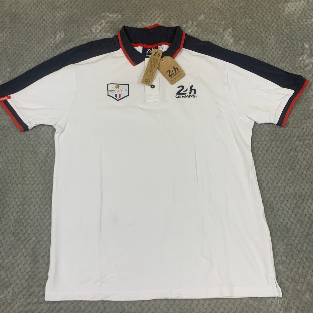 24h Le Mans Racing Polo Mens L White Navy Red Organic Cotton Legende NWT